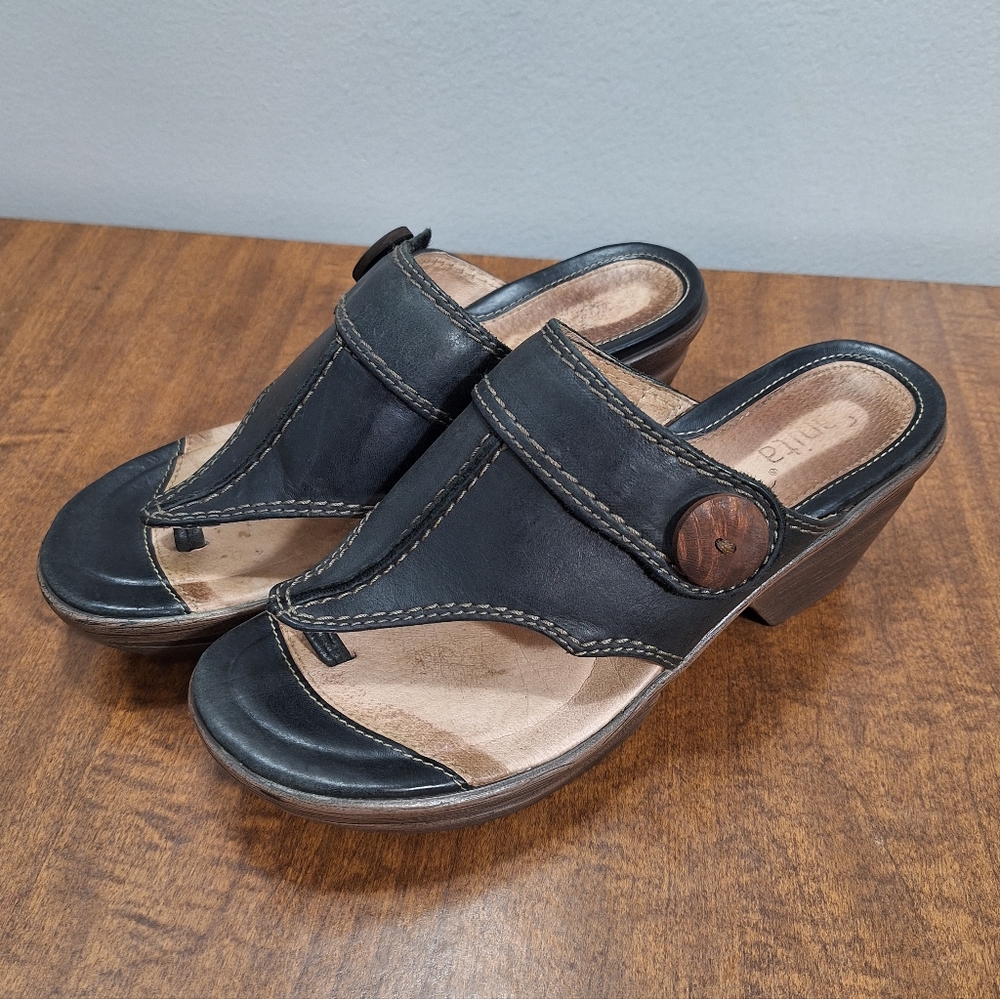 Sanita Black Leather Thong Style Adjustable Strap Wedge Heel Sandals 38 US 7.5